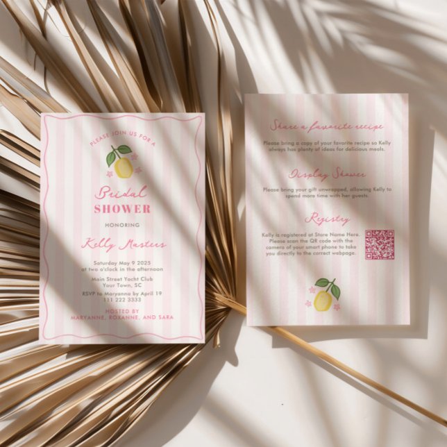 Handritad Rosa Ljudiga Citroner Bröllopsdusch Inbjudningar (Hand-drawn lemons with modern pink accents double-sided wedding shower invitation with QR code)
