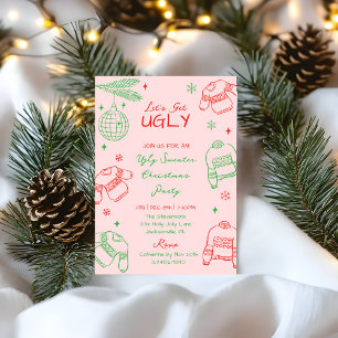 Handritad Rosa Röd Fult Jultröja Julfest Julkort