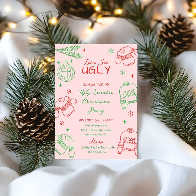 Handritad Rosa Röd Fult Jultröja Julfest Julkort (Skapare uppladdad)