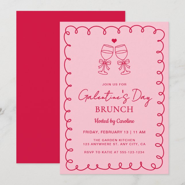Handritad rosa röd Galentine's Day Brunch Inbjudningar (Fram/baksida)