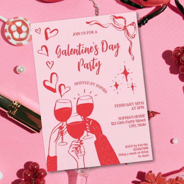 Handritad Rosa Röd Galentine's Day Cocktailfest Inbjudningar (Cocktail party galentine's day )