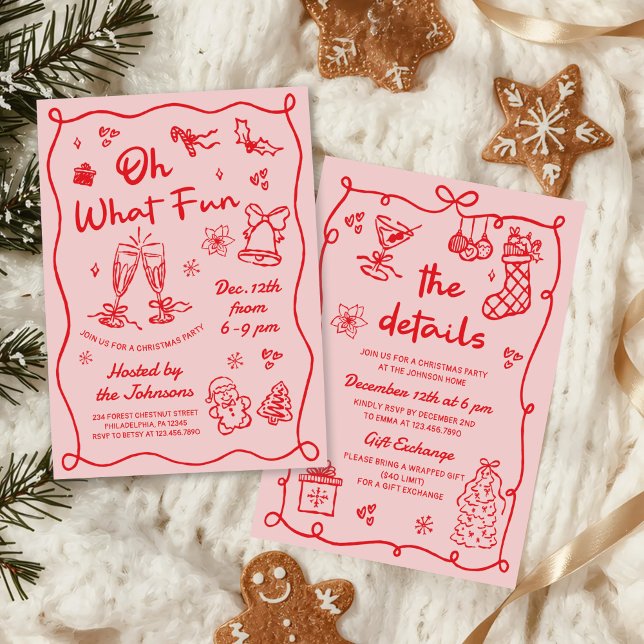 Handritad Rosa Röd Modern Julfest Inbjudningar (Skapare uppladdad)