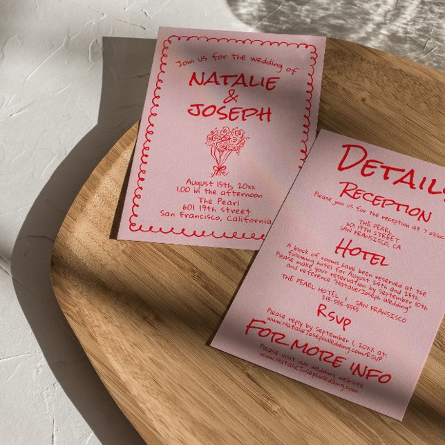 Handritad Rosa Röd Retro Allt-i-ett Bröllop Inbjudningar (Skapare uppladdad)