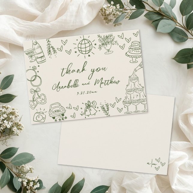Handritad Rustik Grön Vintage Bröllop Tack Kort (Hand Drawn Rustic Green Vintage Wedding Thank You Card)
