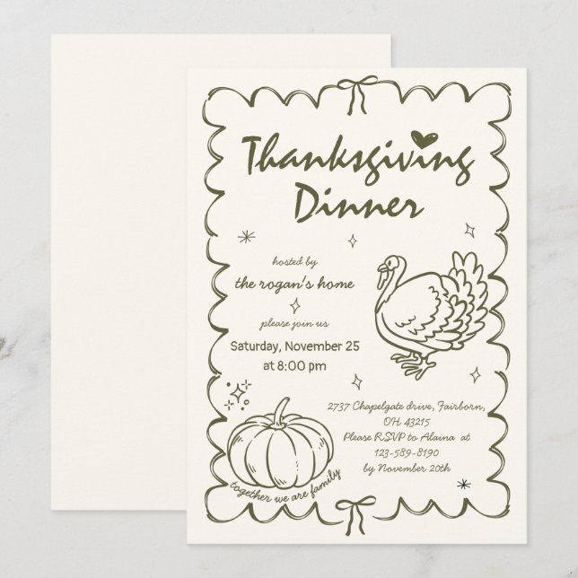 Handritad Sällsam Pumpa Turk Thanksgiving Inbjudningar (Fram/baksida)