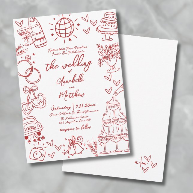 Handritad Sällsam Röd Whimsisk Bröllop Inbjudningar (Hand Drawn Quirky Red Whimsical Wedding Invitation)