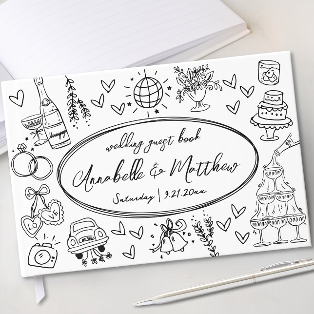Handritad Särpräglad Whimsisk Bröllop Gästböcker (Hand Drawn Quirky Whimsical Wedding Guest Book)
