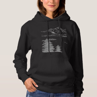 Handritad skiss i minimal stil av berg med städseg t shirt