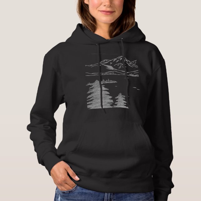 Handritad skiss i minimal stil av berg med städseg t shirt (Framsida)