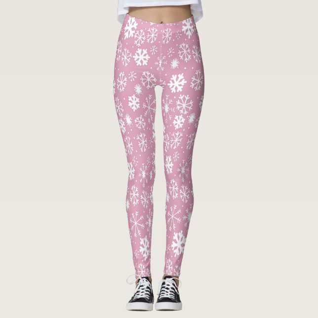 Handritad Snöflinga Snöstorm Med Marshmallow Rosa Leggings (Framsida)
