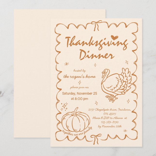 Handritad Snygg Pumpa Turk Thanksgiving Inbjudningar (Fram/baksida)