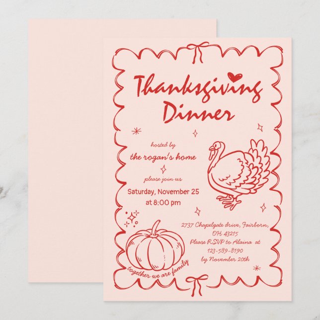 Handritad Snygg Pumpa Turk Thanksgiving Inbjudningar (Fram/baksida)