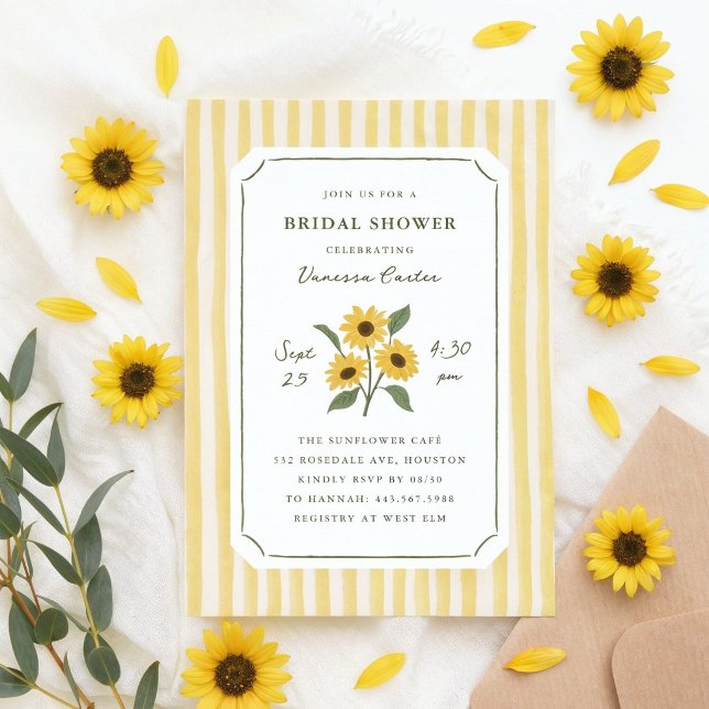 Handritad solros- och randig bröllopsdusch inbjudningar (hand-drawn sunflower bridal shower invitation with yellow stripes)