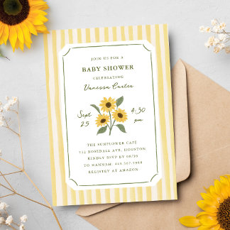 Handritad solros och randiga baby shower inbjudningar
