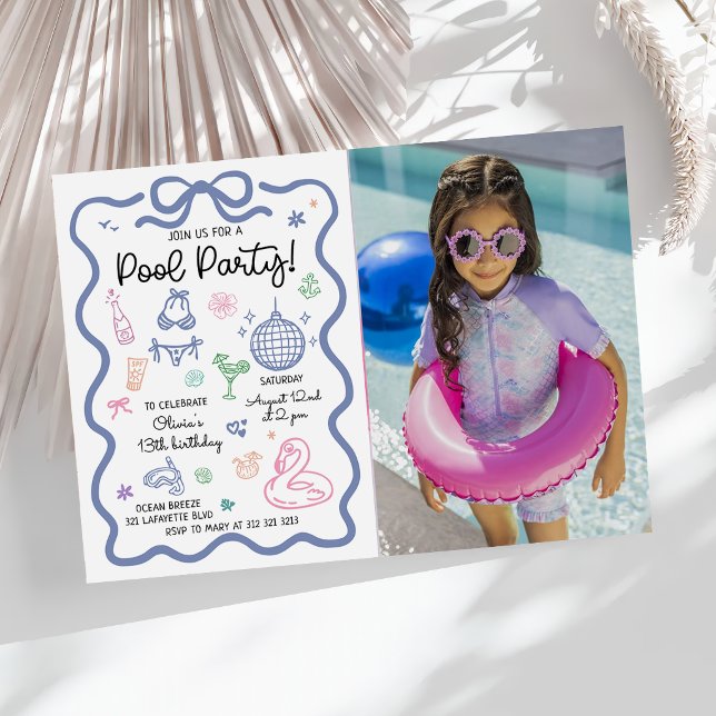 Handritad sommar kul poolparty födelsedagsfoto inbjudningar (Skapare uppladdad)