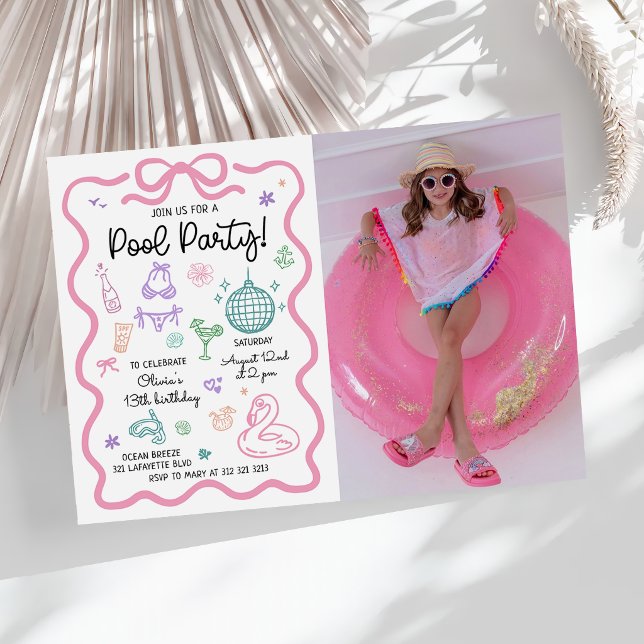Handritad sommar kul poolparty födelsedagsfoto inbjudningar (Skapare uppladdad)