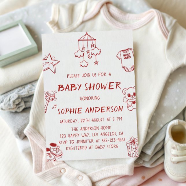 Handritad söt röd doodle babyfest inbjudningar (Skapare uppladdad)
