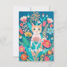 Handritad söt vit katt och blommor