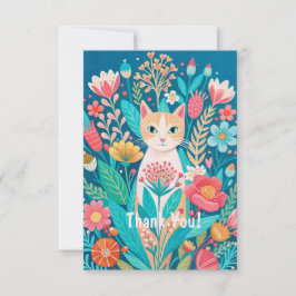 Handritad söt vit katt och blommor tack kort