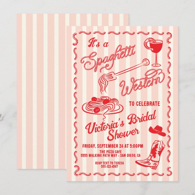 Handritad Spaghetti Western Italiensk Cowboy Pasta Inbjudningar (Fram/baksida)