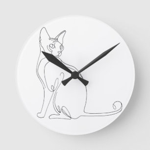 Handritad Sphynx Katt Minimalistisk Design Rund Klocka