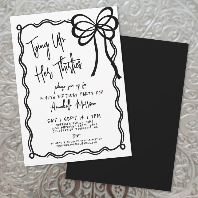 Handritad svart vit båge 40-årsdag inbjudningar (Hand Drawn Black White Bow 40th Birthday Invitation)