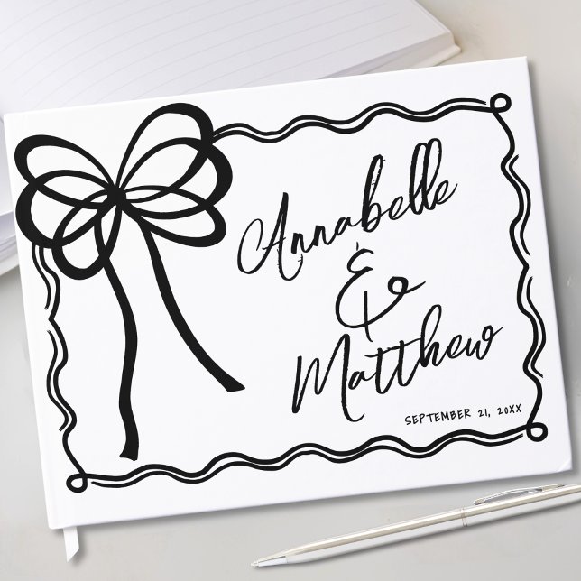 Handritad svart vit båge bröllop gästböcker (Hand Drawn Black White Bow Wedding Guest Book)
