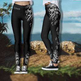 Handritad svart-vit blommig leggings