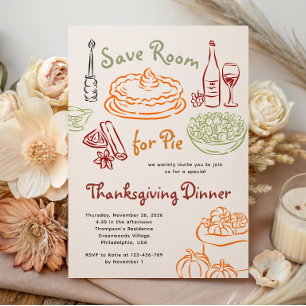 Handritad Thanksgiving Middag Spara plats för paj Inbjudningar