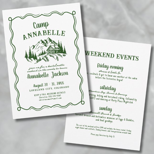Handritad Tjejbröllopsfest för Campare Inbjudningar (Camp Bachelorette Party Invitation)