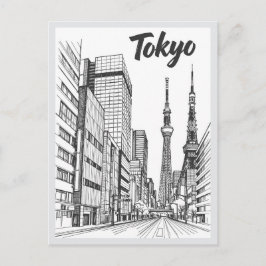 Handritad Tokyos Landmärke för gatuscen Vykort
