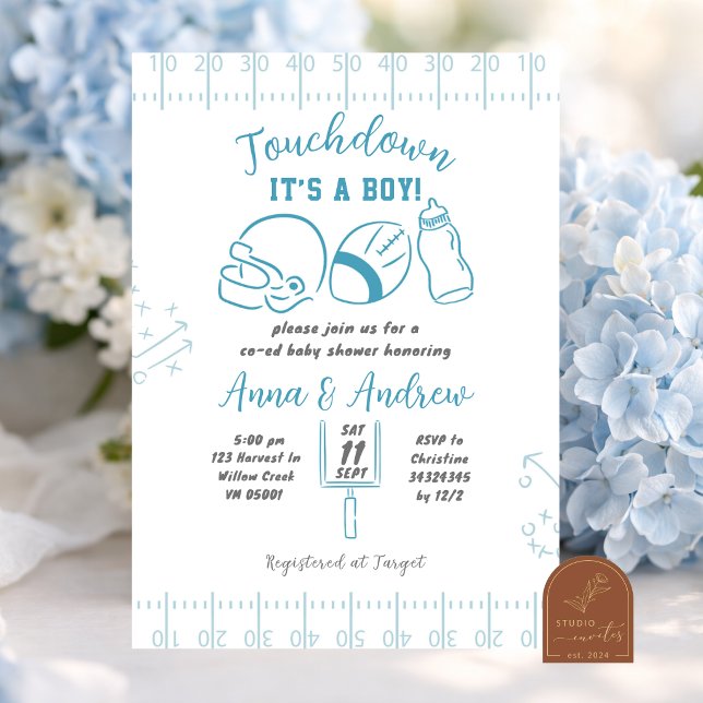 Handritad Touchdown Pojke Bebis Baddning Inbjudningar (Skapare uppladdad)