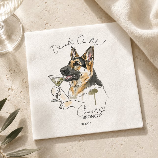 Handritad tysk schäfermartini Öppen bar  Pappersservett (Hand Drawn German Shepherd Martini Open Bar Napkins)
