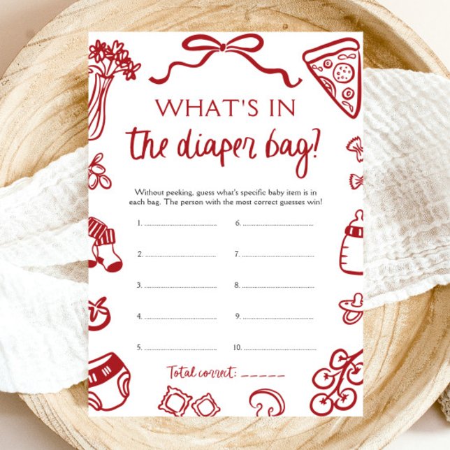 Handritad Vad Finns I Blöjbagen Bebis Shower Inbjudningar (Hand Drawn What's In The Diaper Bag Baby Shower Game)