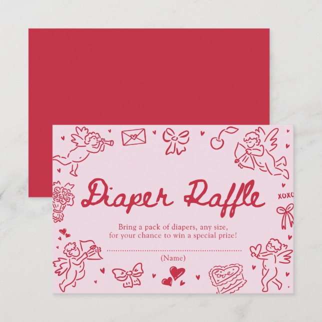 Handritad Valentine Baby Shower Blöja-Raffle Tilläggskort (Fram/baksida)