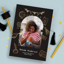 Handritad välvd fotoguld examensannonsering