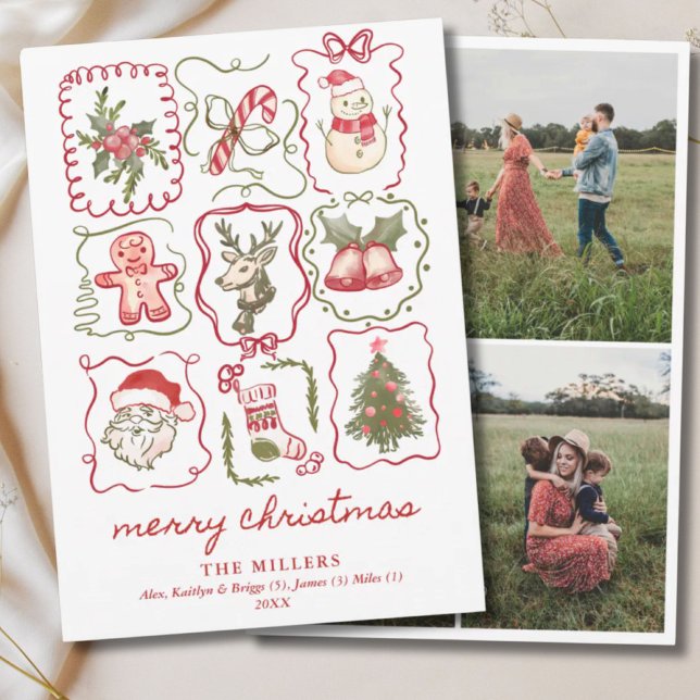 Handritad Vattenfärg Doodle Jul 3 Foto Julkort (Hand Drawn Watercolor Doodle Christmas 3 Photo Holiday Card
)