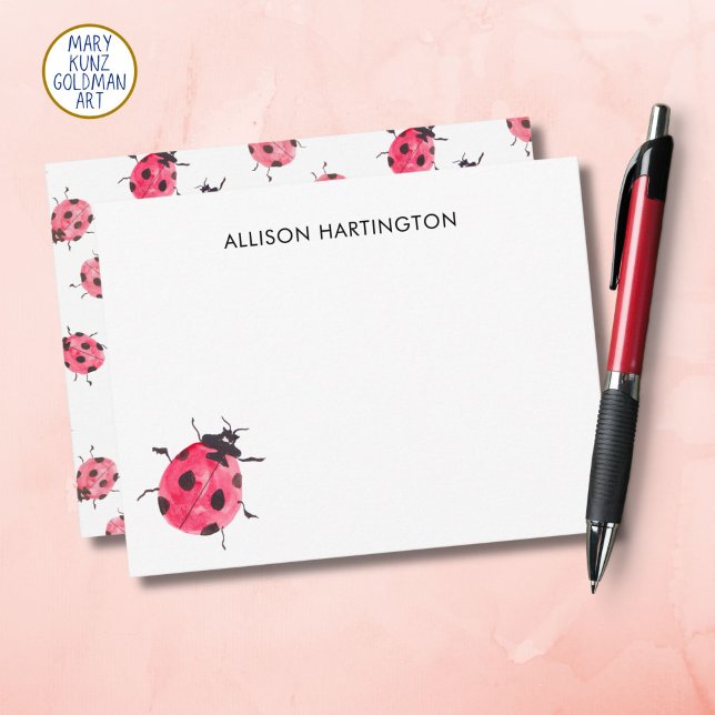 Handritad Vattenfärg Nyckelpiga Whimsical Insekt Anteckningskort (Writing notes is more fun with our unique ladybug-themed personalized note cards!)