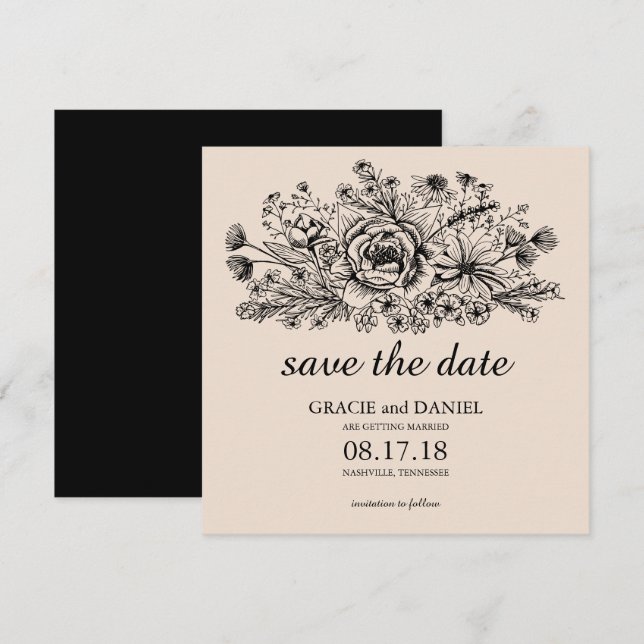 Handritad vildblommefältsgravyr Spara datum Inbjudningar (Fram/baksida)