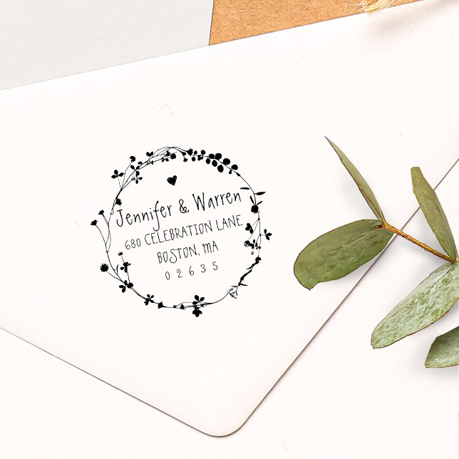 Handritad vildblomsterkrans för returadress stämpel (Hand Drawn Wildflower Wreath Return Address Rubber Stamp)