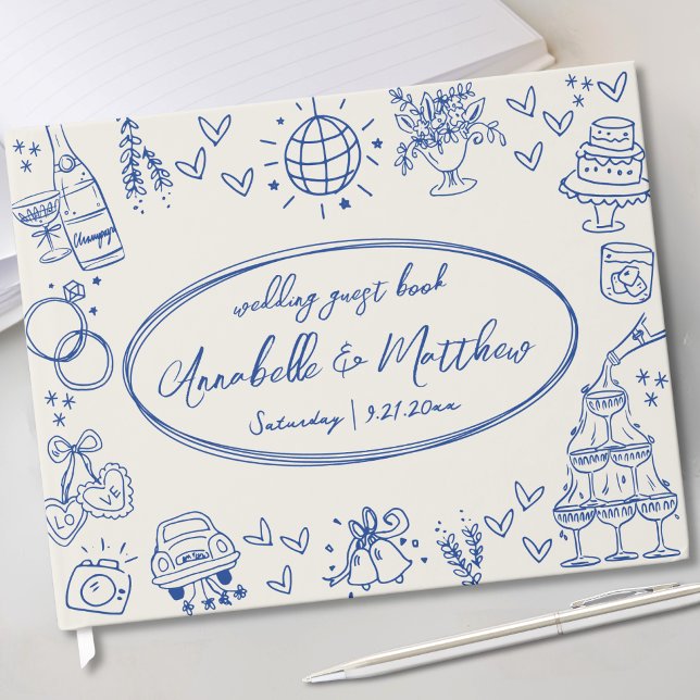 Handritad Vintage Blå Whimsical Bröllop Gästböcker (Hand Drawn Vintage Blue Whimsical Wedding Guest Book)