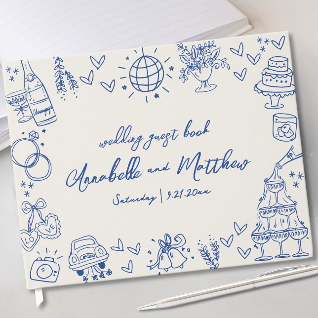 Handritad Vintage Blå Whimsical Bröllop Gästböcker (Hand Drawn Vintage Blue Whimsical Wedding Guest Book)