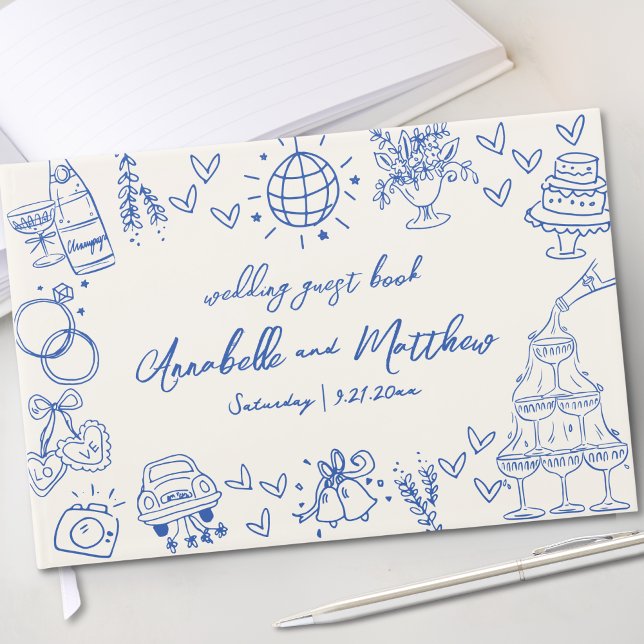 Handritad Vintage Blå Whimsical Bröllop Gästböcker (Hand Drawn Vintage Blue Whimsical Wedding Guest Book)