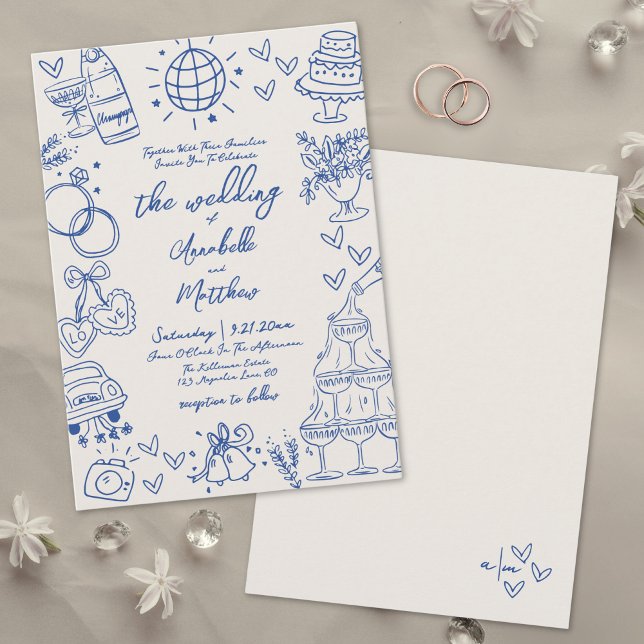 Handritad Vintage Blå Whimsical Bröllop Inbjudningar (Hand Drawn Vintage Blue Whimsical Wedding Invitation)