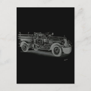 handritad vintage brandbil inverterad vykort