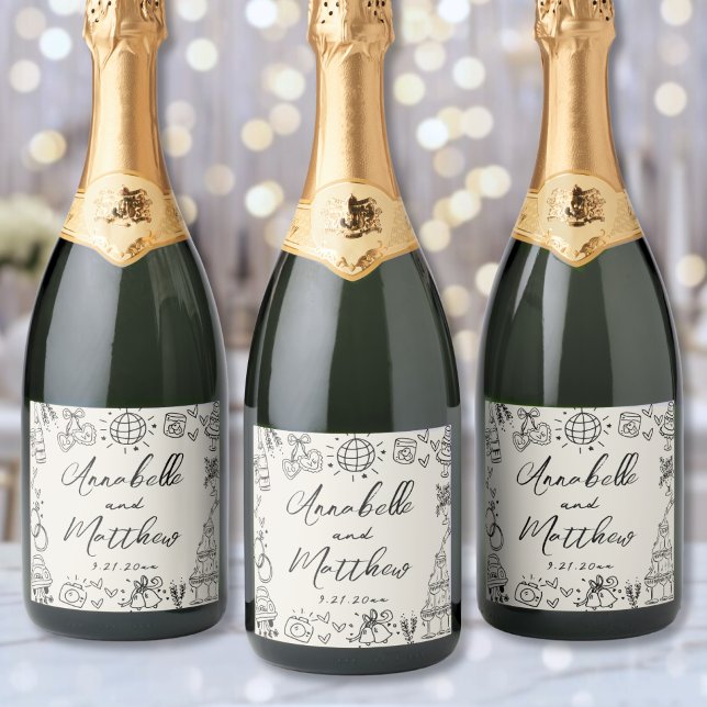 Handritad Vintage Bröllop (Hand Drawn Vintage Wedding Sparkling Wine Label)