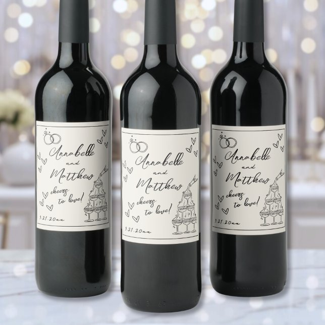 Handritad Vintage Bröllop Vinflaska Etikett (Hand Drawn Vintage Wedding Wine Label)