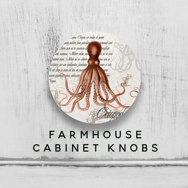 Handritad Vintage Illustration av röd bläckfisk Knopp (Hand-Drawn Vintage Red Octopus Illustration Ceramic Knob)