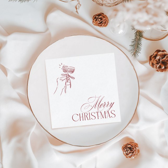 Handritad Vintage Röd Julfest Pappersservett (Hand Drawn Vintage Red Christmas Party Napkins)