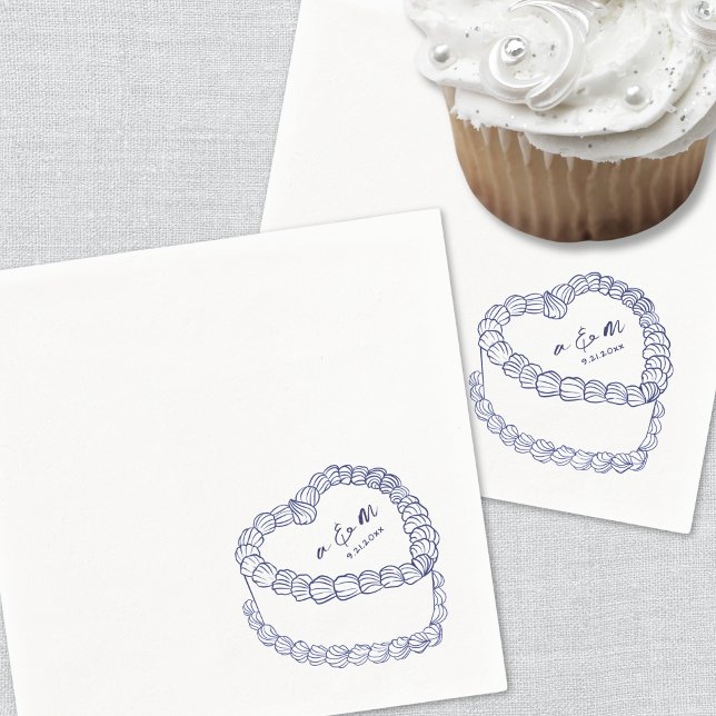 Handritad Vintage Tårta Marinblå Bröllop Pappersservett (Hand Drawn Vintage Cake Navy Blue Wedding Napkins)